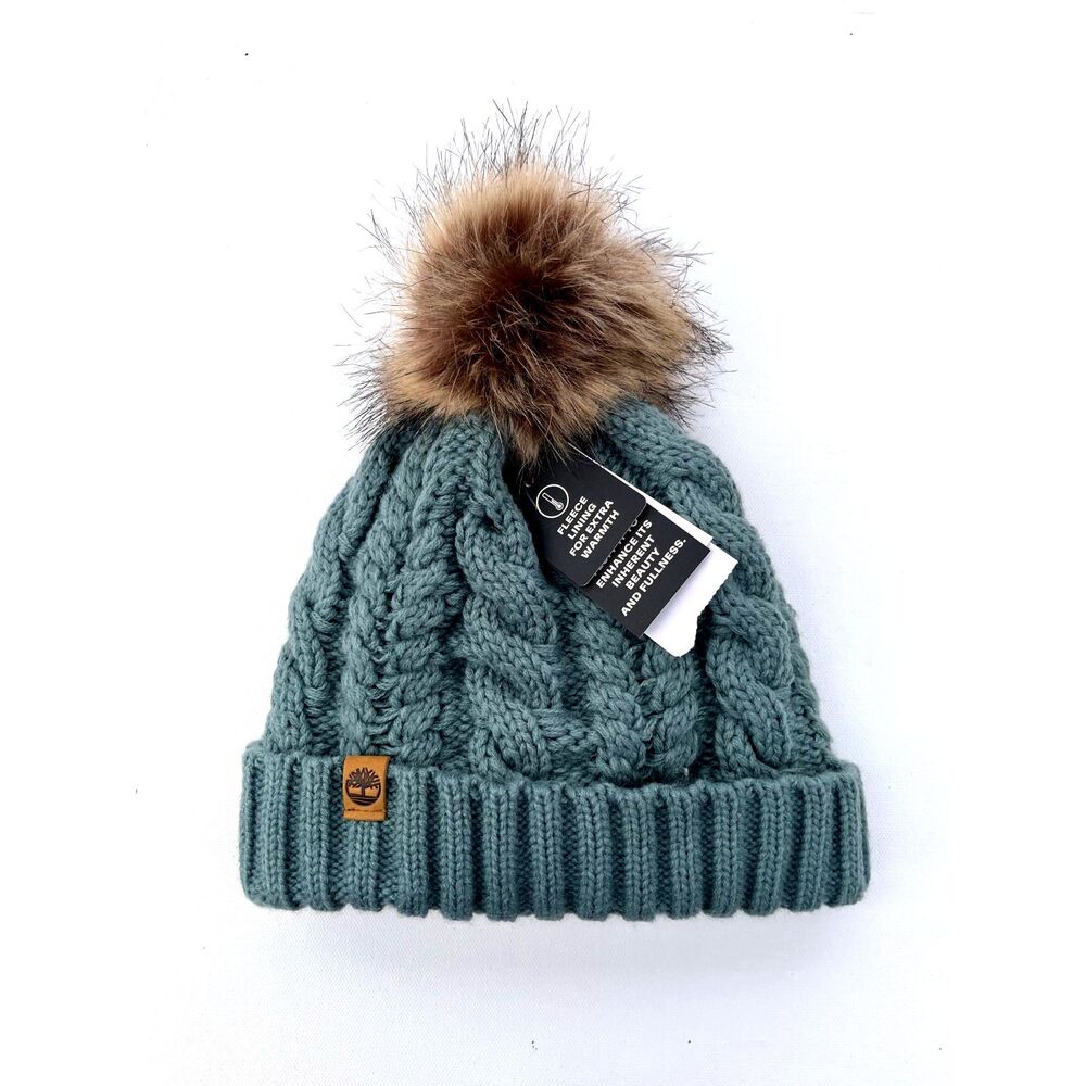 Timberland Cable Knit Pom-Pom Beanie – Teal/Blue-Green